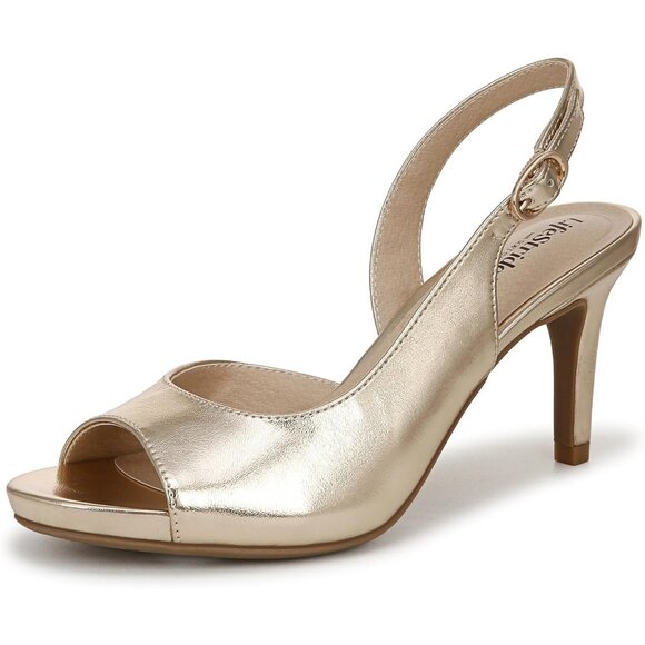 LifeStride Womens Gold Faux Leather Slingback Peep Toe Pumps Heeled Sandal - Picture 1 of 9